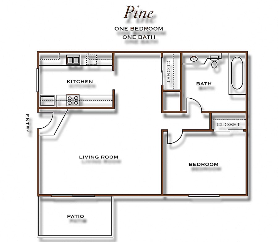 Floor plan for 1 bed, 1 bath, 640 sqft